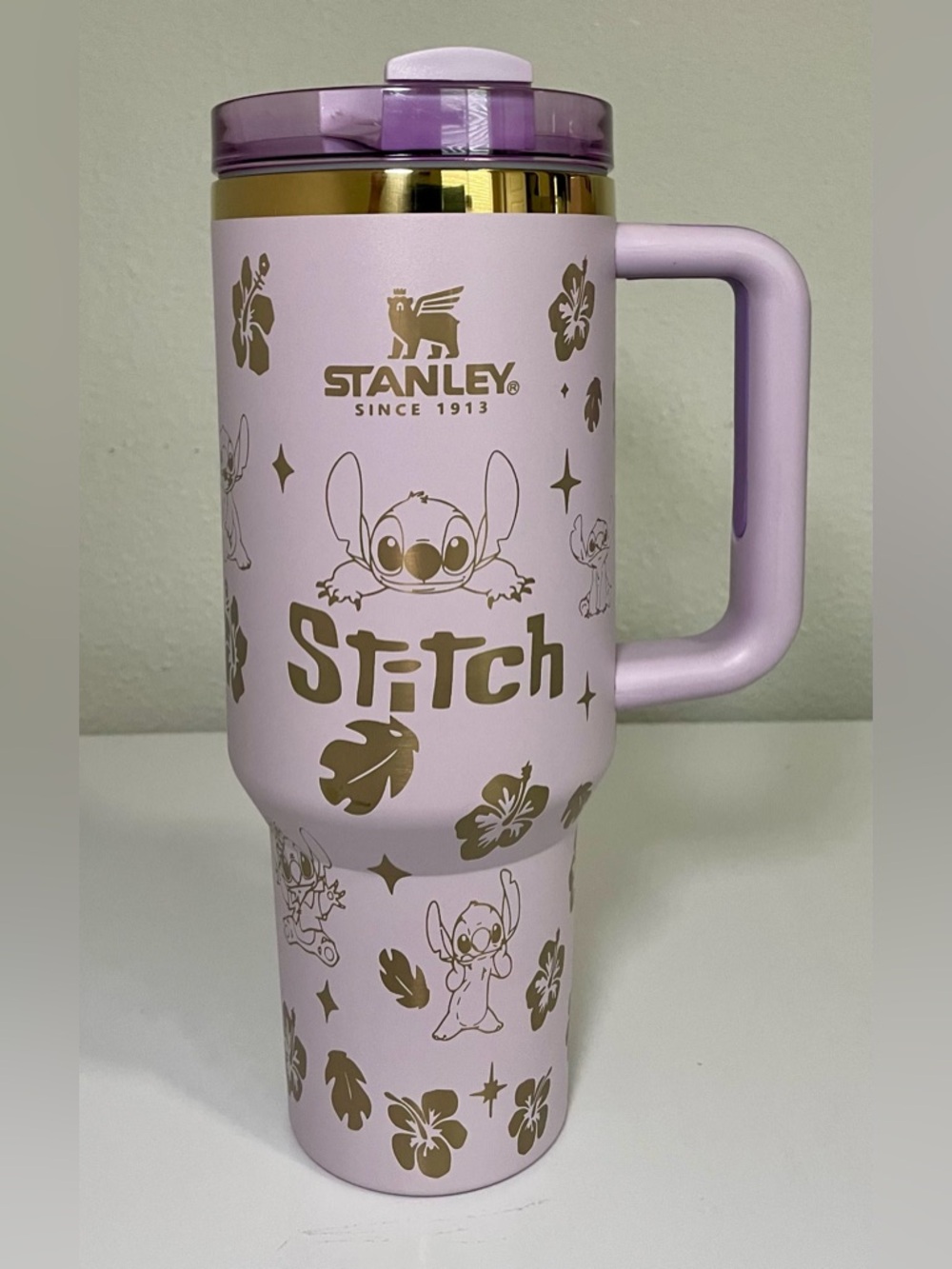 Stanley Lavender Travel Tumbler 40 oz. with custom Gold Stitch Graphics